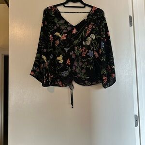 Lush Black and Pink Flutter Sleeve Wrap Blouse